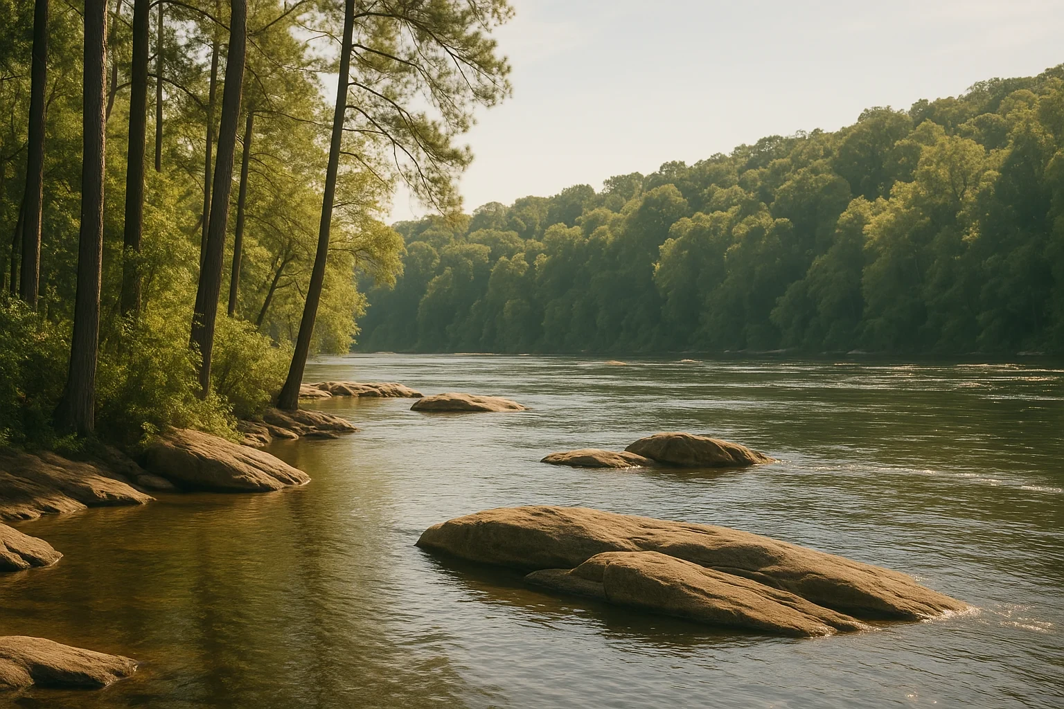 Scenic river with large rocks and lush forested banks lined with tall pine trees near Bon Air
