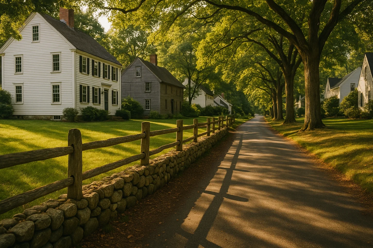 Tree-lined country road with historic white colonial homes and stone wall in Long Hill neighborhood