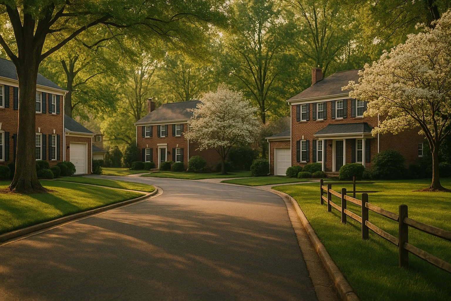 Tree-lined street with brick colonial homes and blooming dogwoods in a quiet Greenbriar neighborhood