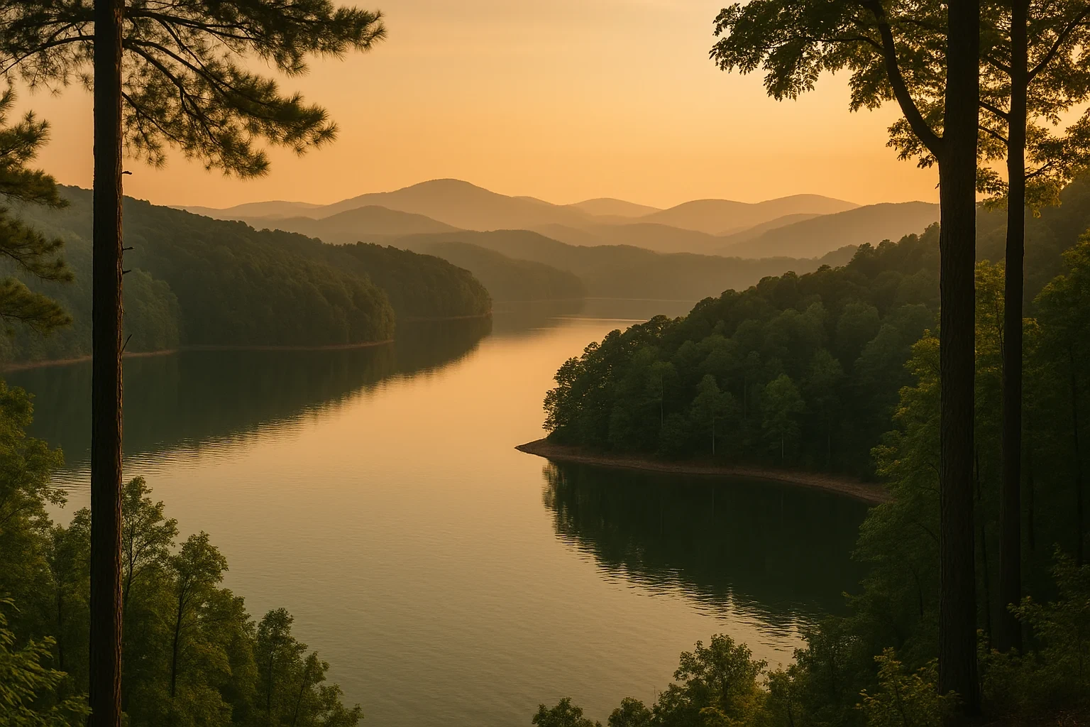 Sunset over a calm lake surrounded by forested hills and distant mountains near Collinsville