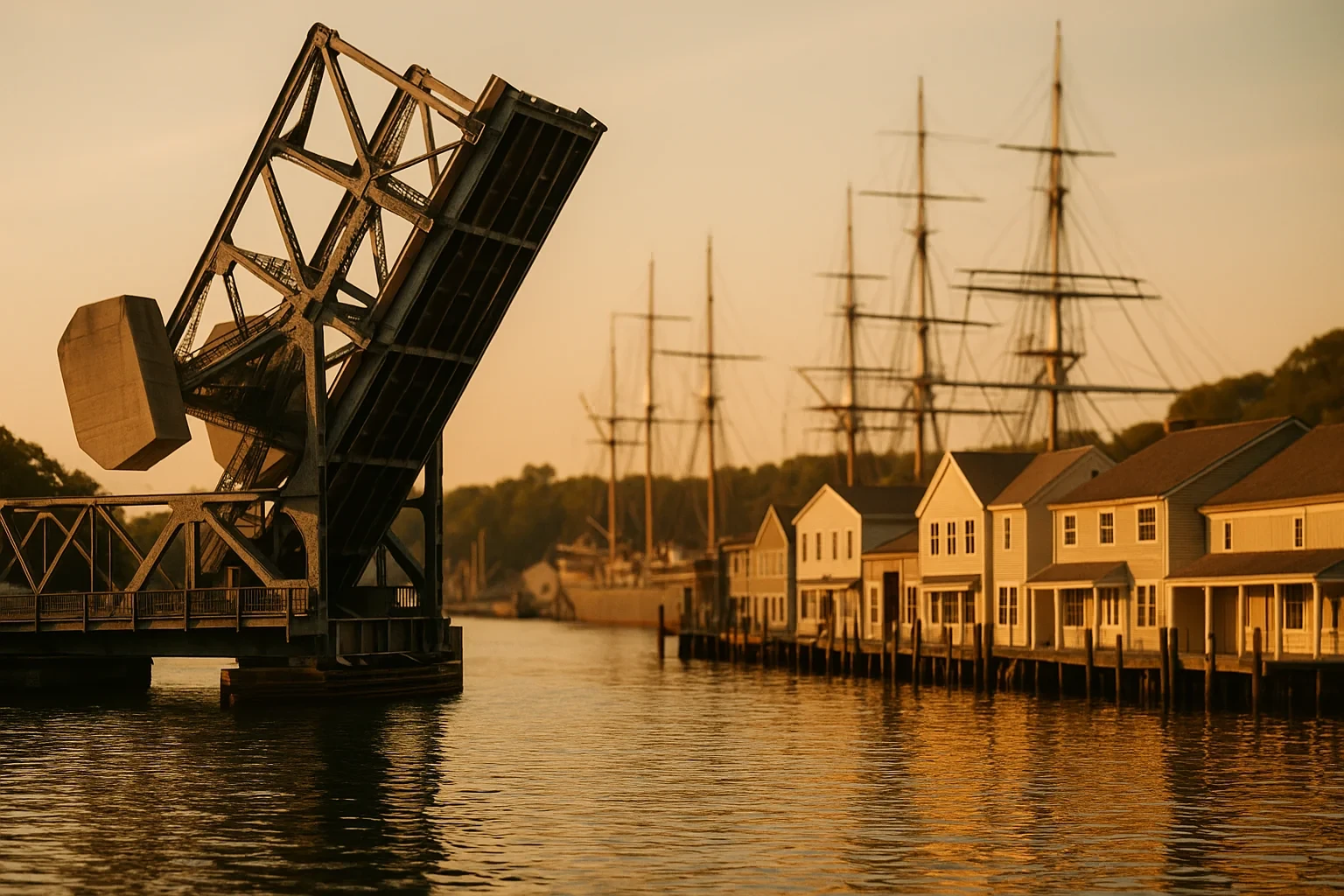 Raised drawbridge and tall ship masts along historic waterfront homes at golden hour in Mystic