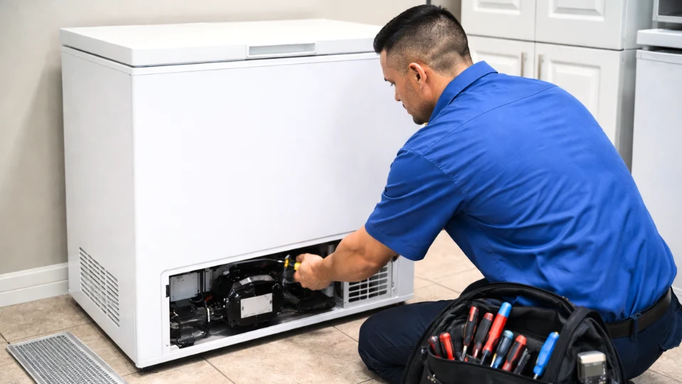 Technician diagnosing deep freezer motor issue