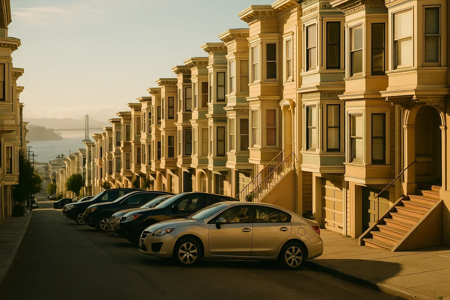 Sunlit Victorian row houses line a steep San Francisco street with parked cars and a distant bay bridge view