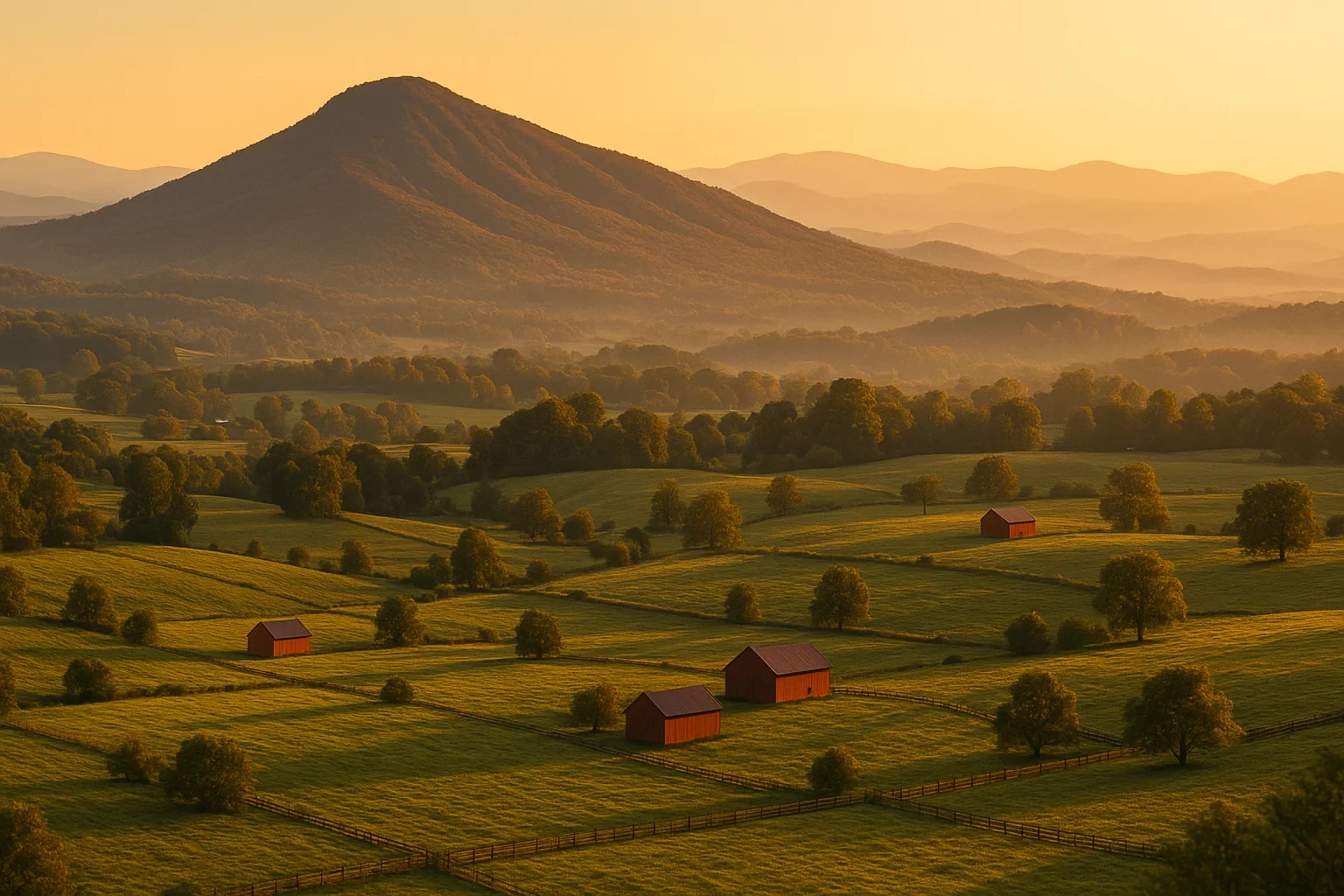 Rolling green pastures with red barns and misty mountain peak at golden sunset near Harrisonburg
