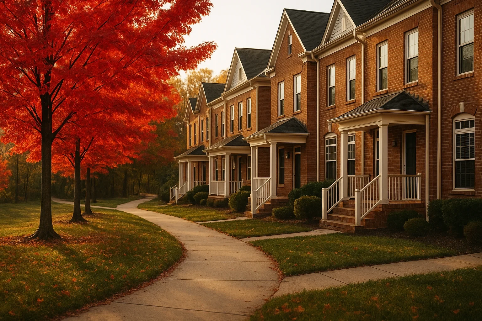 Row of brick townhomes with white porches lining a sidewalk under a vibrant red maple tree in Broadlands