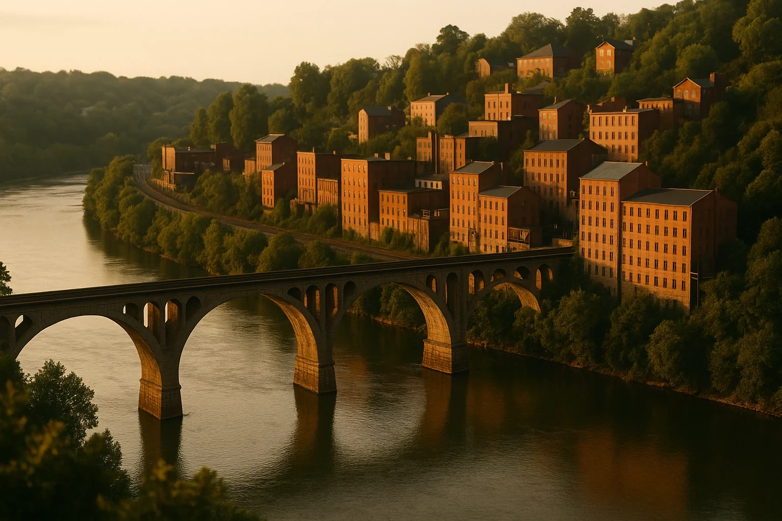 Stone arch bridge spans a river beside historic brick buildings on a wooded hillside in Lynchburg at sunset.