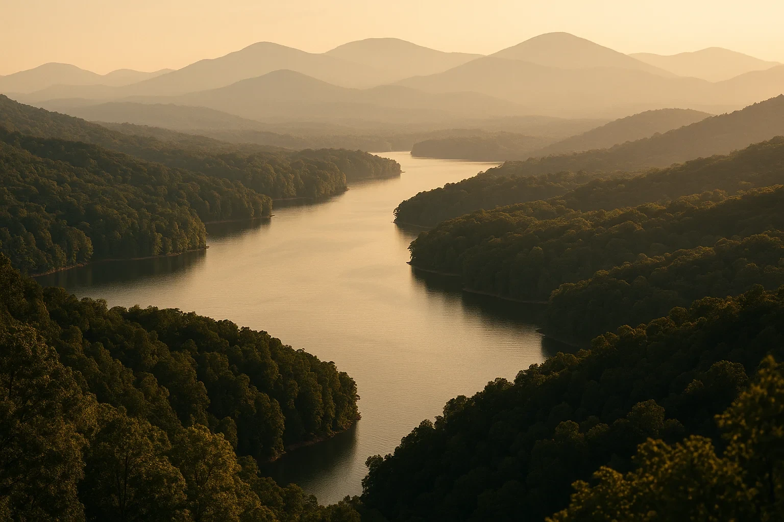 Misty Blue Ridge Mountains rise above a winding forested lake at golden hour near Forest