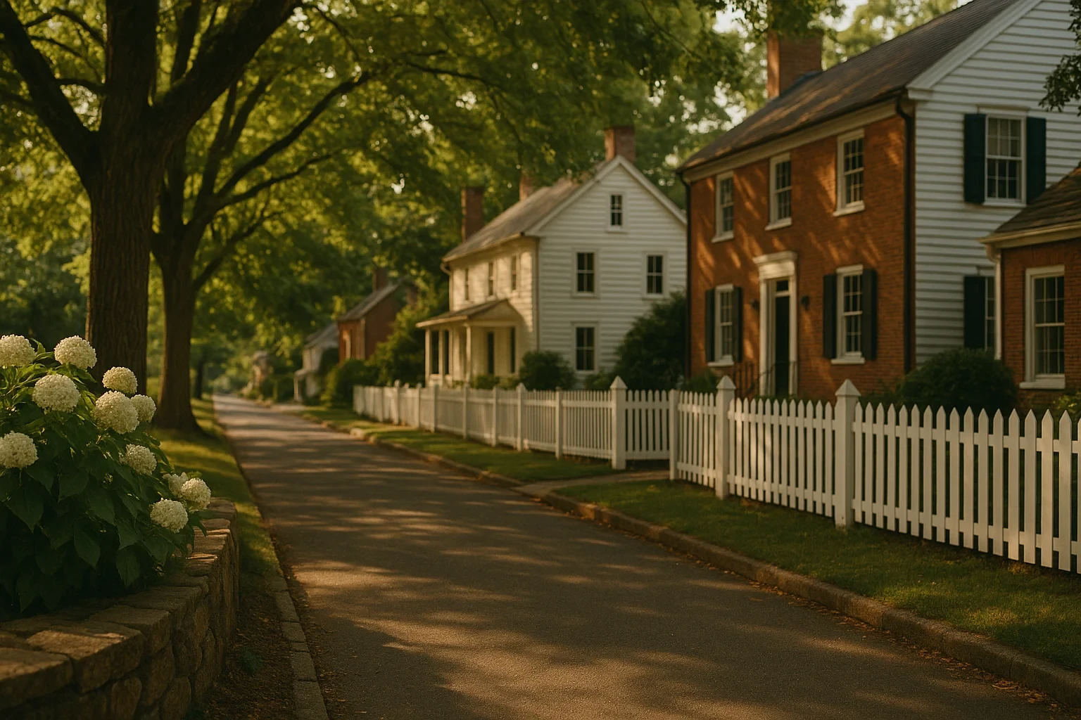 Tree-lined street with historic brick and white clapboard homes behind white picket fences in Warrenton