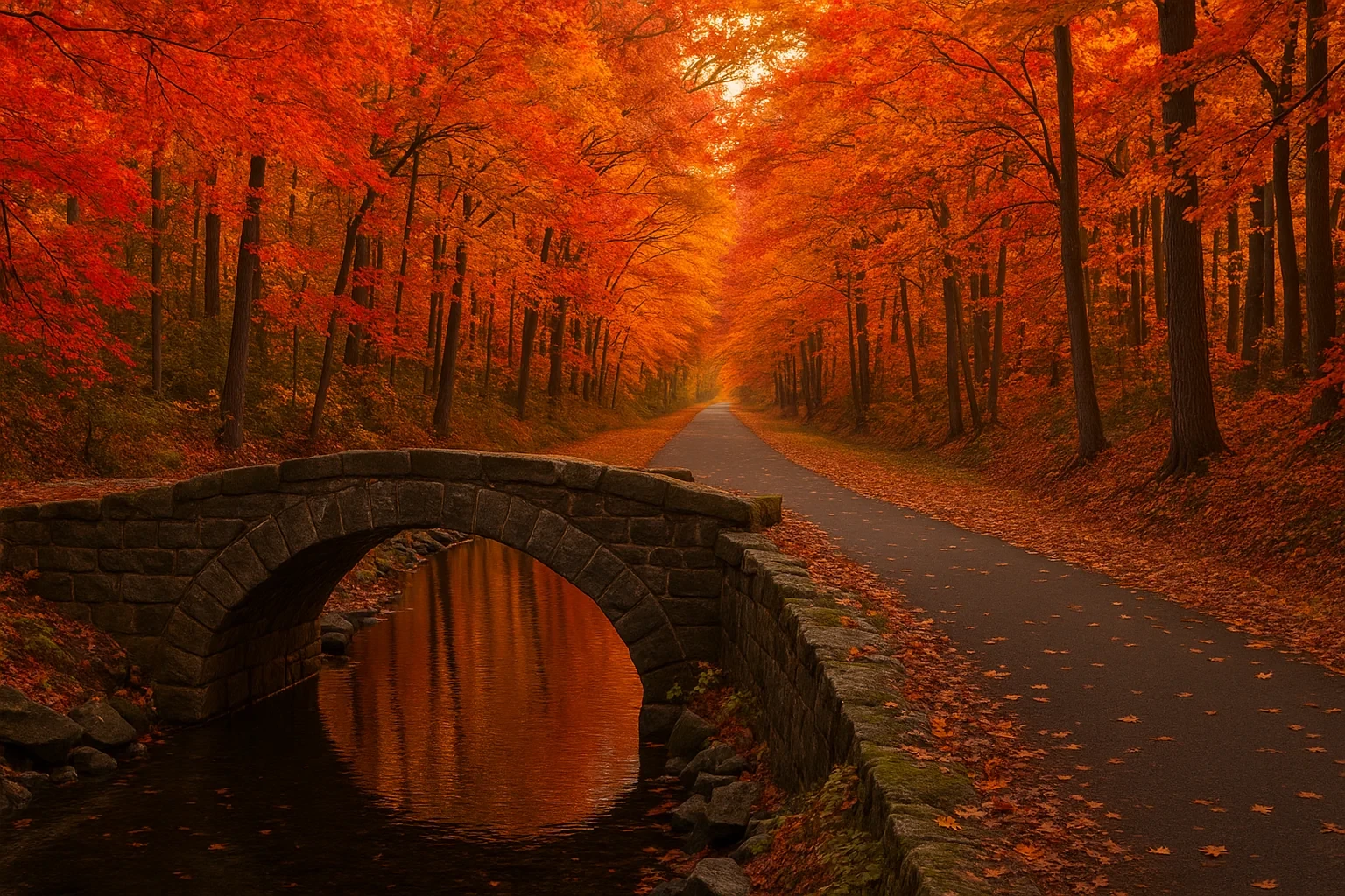 Stone arch bridge over a calm stream surrounded by vibrant orange autumn foliage in Cheshire Village
