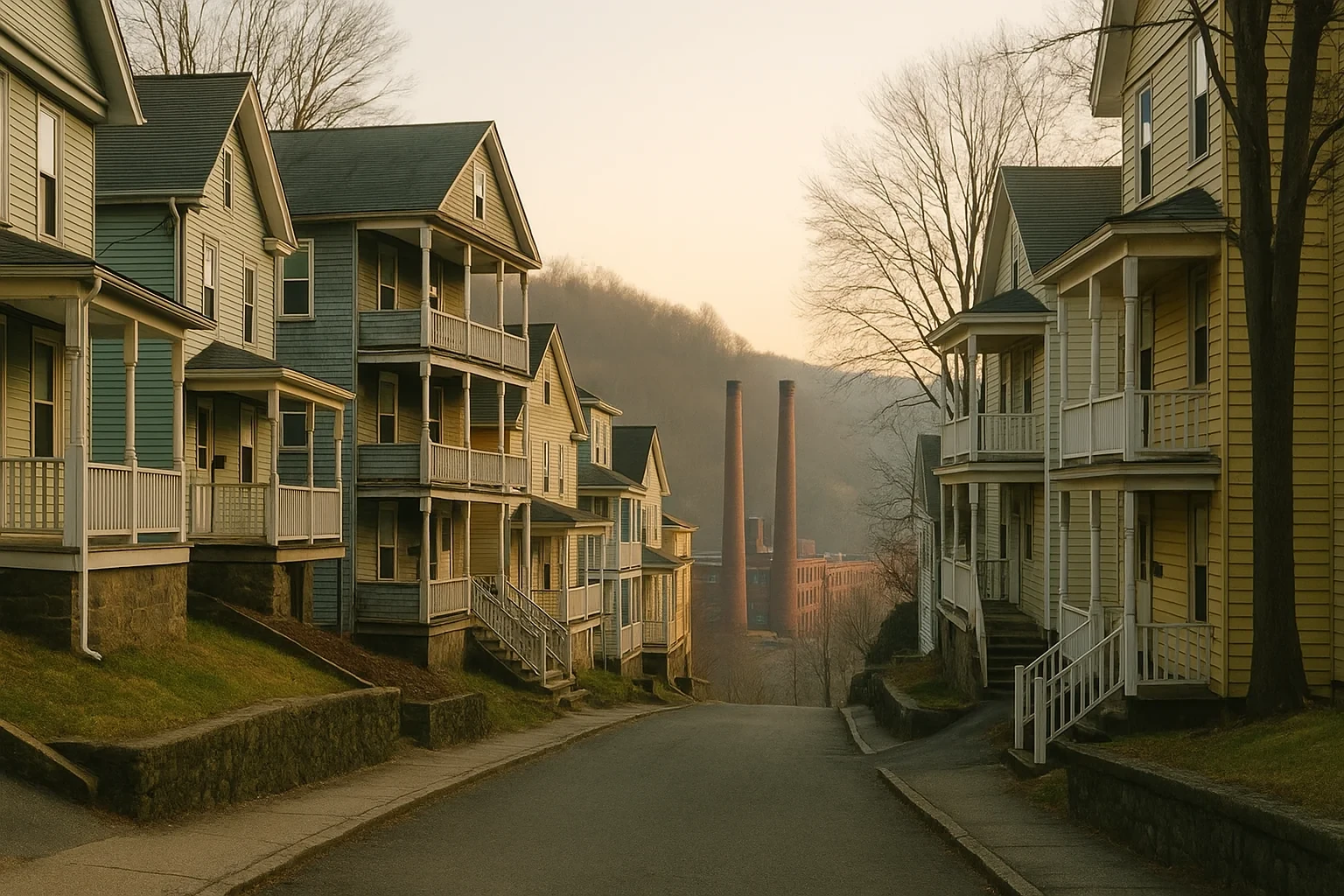 Hillside street lined with multi-story wooden homes and porches overlooking old factory smokestacks in Naugatuck