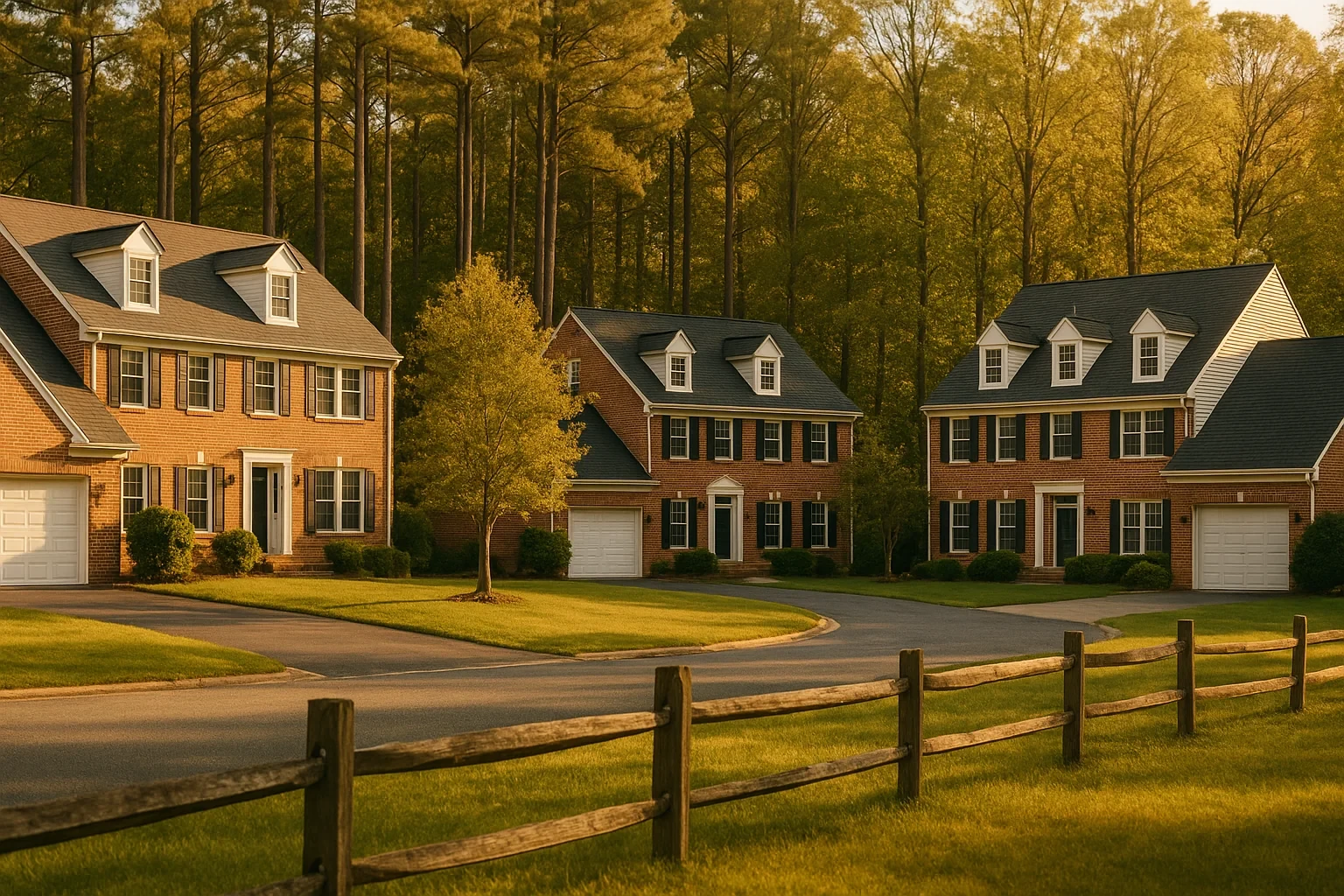 Brick colonial homes with dormer windows and split-rail fence along tree-lined neighborhood street in Aquia Harbour