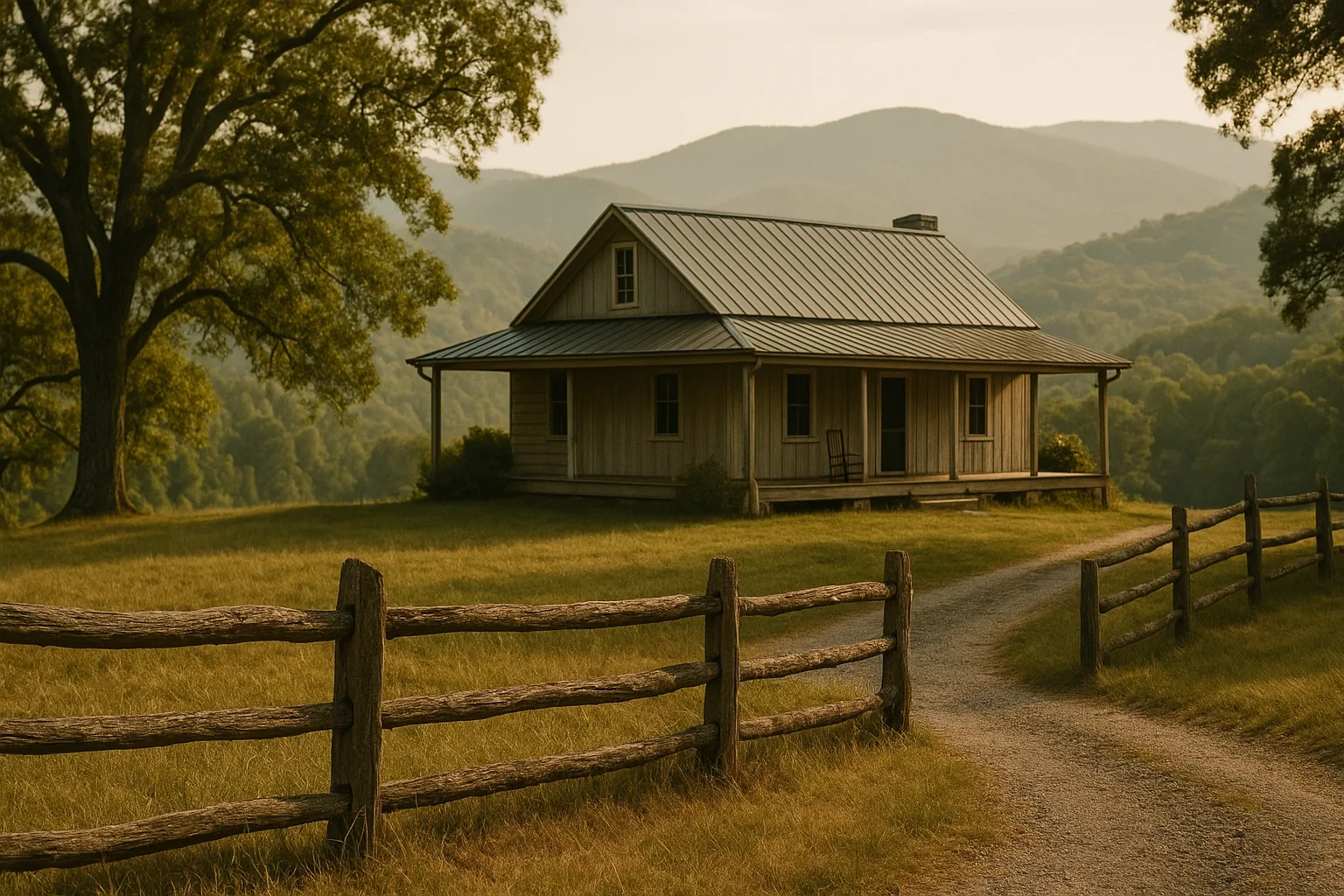 Rustic farmhouse with metal roof and split-rail fence overlooking misty mountains near Blue Ridge