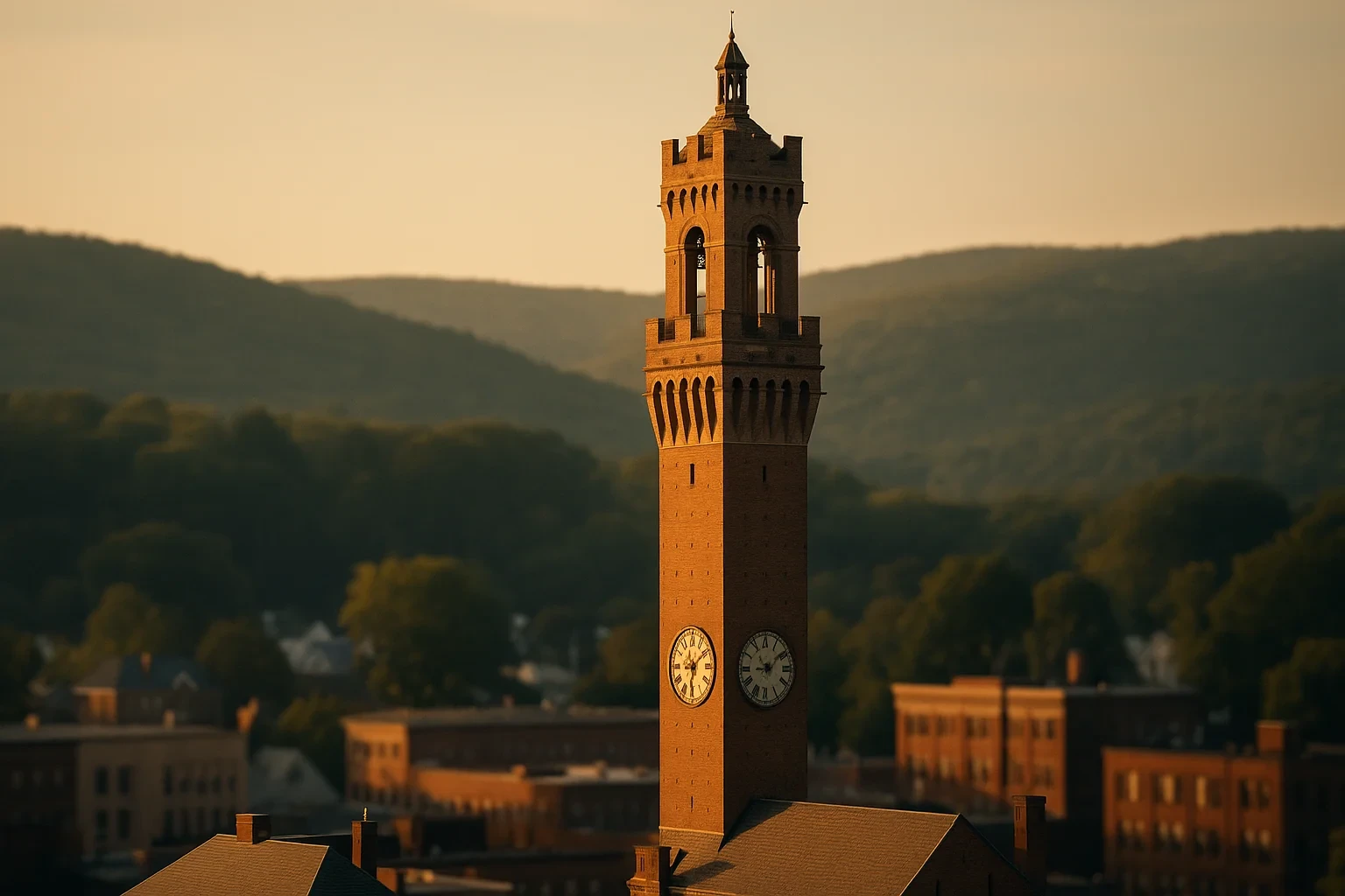 Historic brick clock tower rising above Waterbury rooftops at golden hour with rolling hills in the background