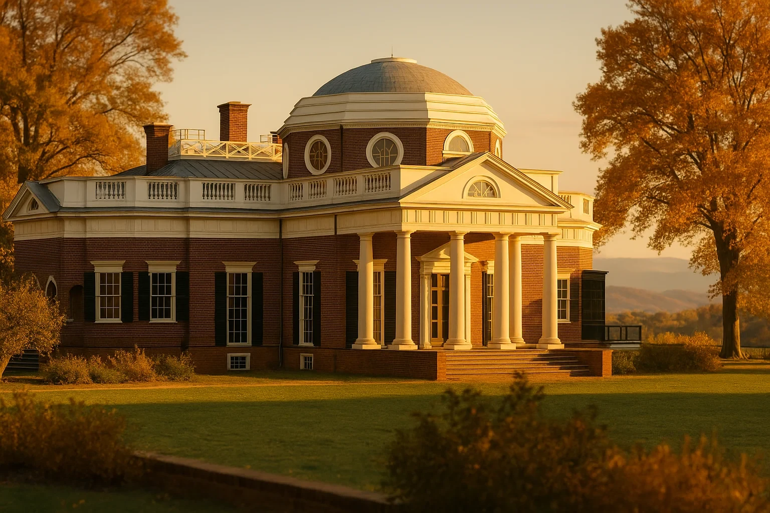 Historic brick mansion with white columns and domed rotunda at golden hour in Charlottesville, framed by autumn trees