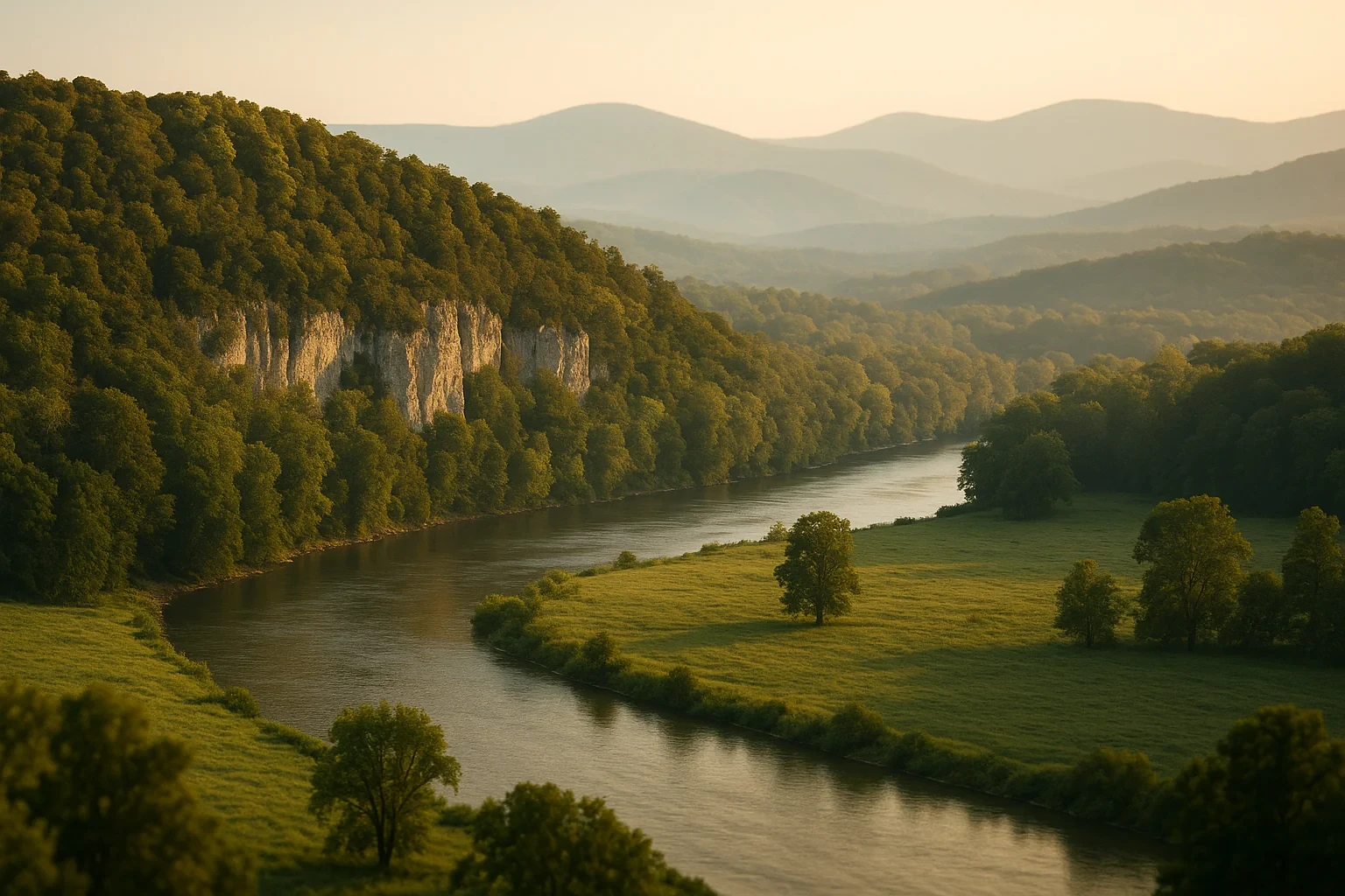 Scenic river winding through forested hills and limestone cliffs at golden hour near Grottoes