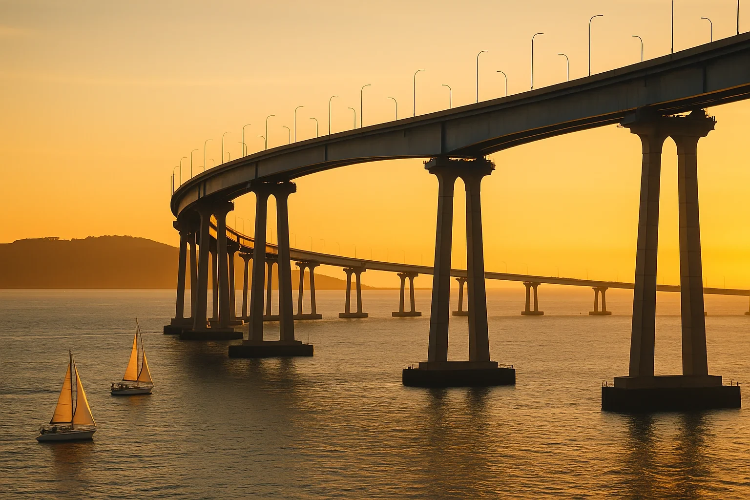 Coronado Bridge curves over the bay at sunset with sailboats drifting below in San Diego's golden harbor.