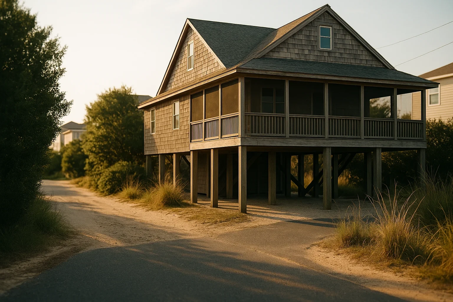 Elevated wooden beach house on stilts with screened porch and shingle siding along sandy road in Virginia Beach