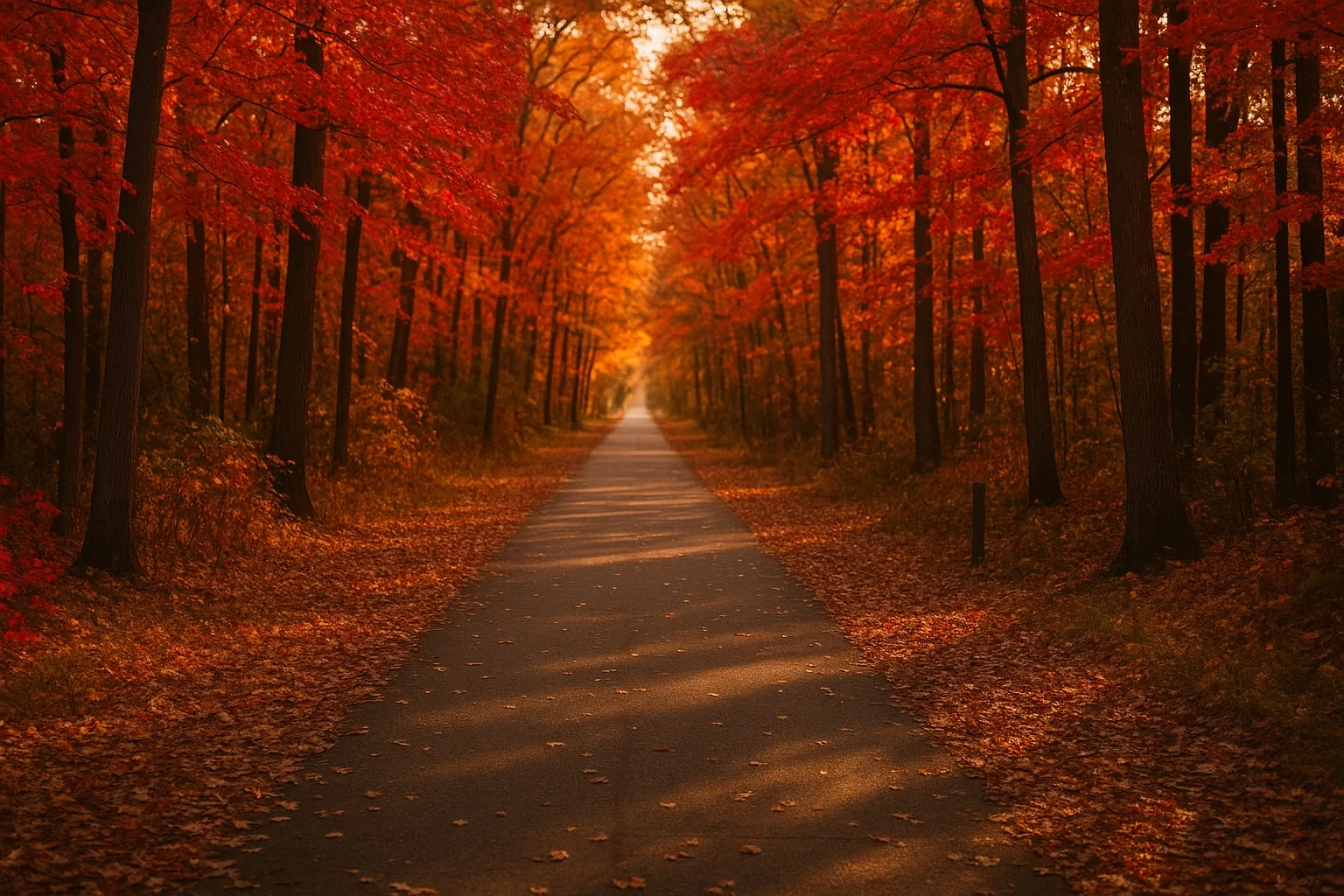 Tree-lined road covered in fallen leaves winding through a vibrant red and orange autumn forest in Dunn Loring
