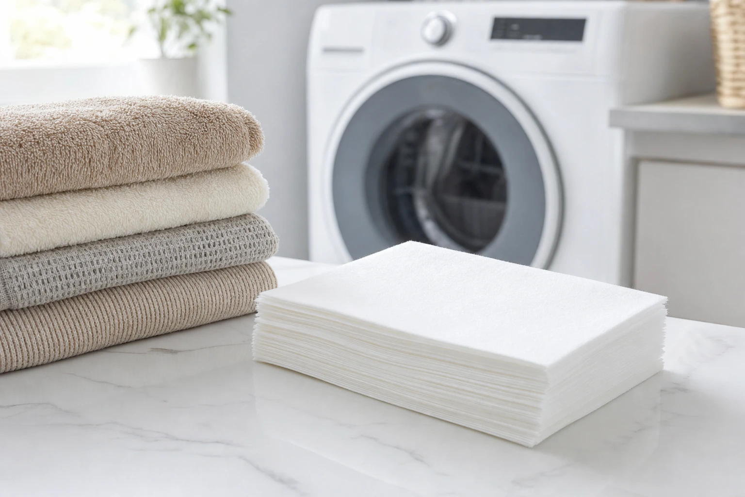 Stack of white dryer sheets on marble countertop beside folded beige towels with modern front-load washer in background