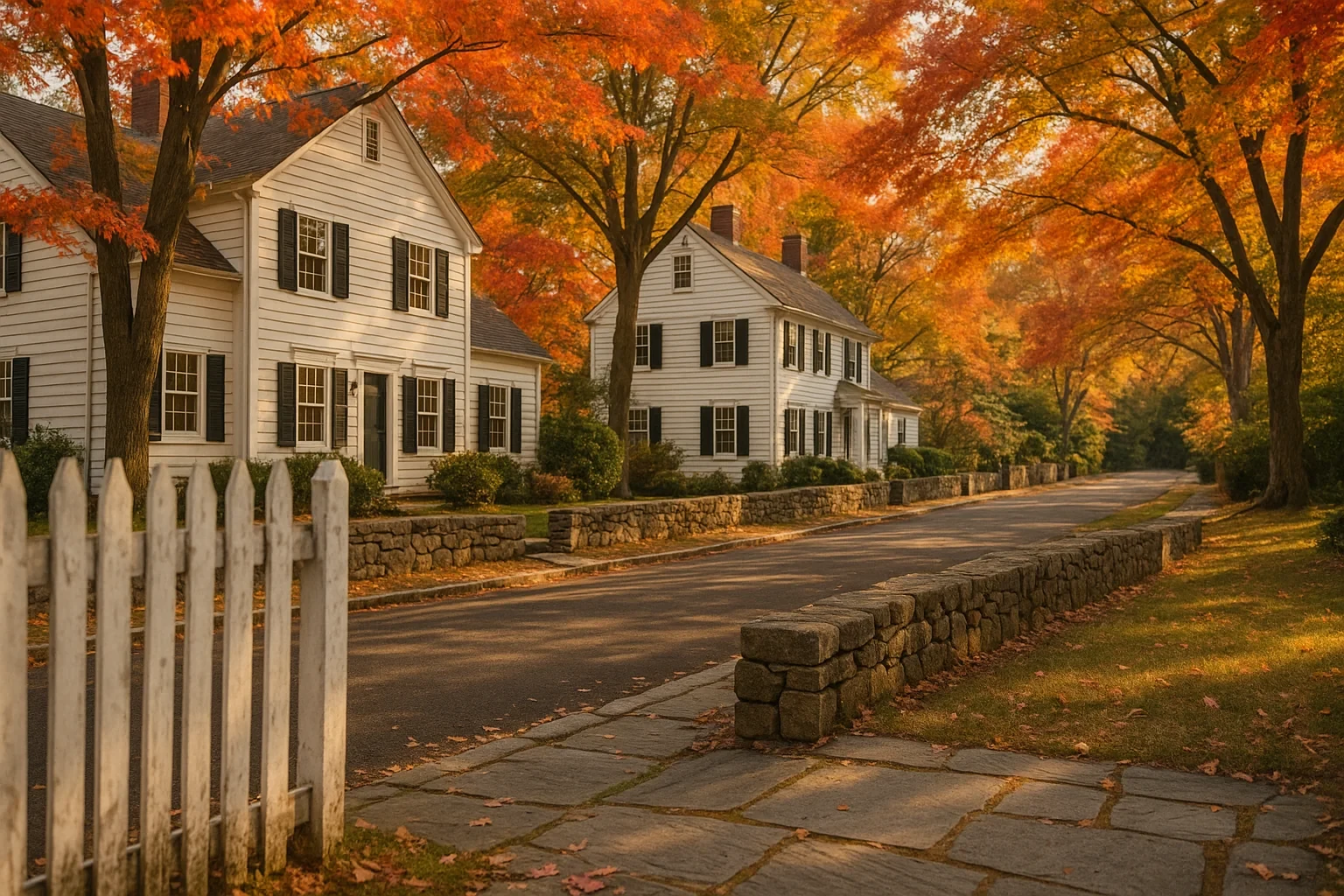 Classic white colonial homes lined with stone walls and vibrant autumn maple trees in Old Greenwich.