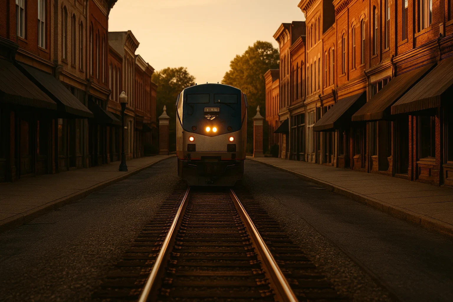 Train approaching on tracks running down a historic brick-lined downtown street at sunset in Ashland
