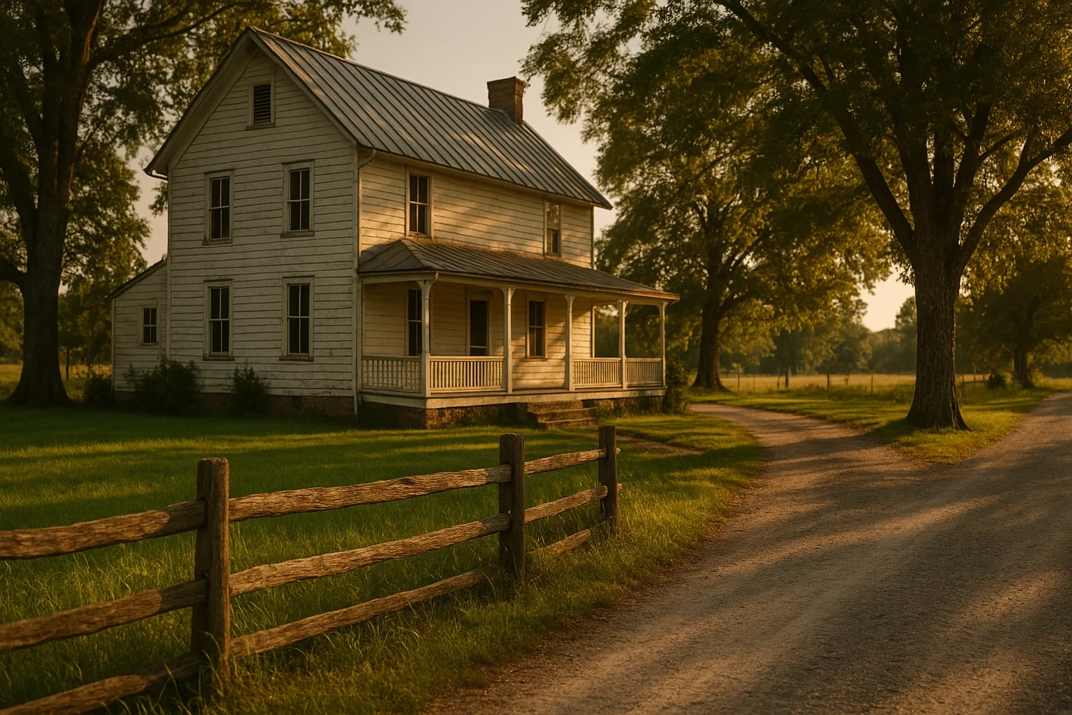 Historic two-story farmhouse with wraparound porch and split-rail fence along a country road in Bealeton