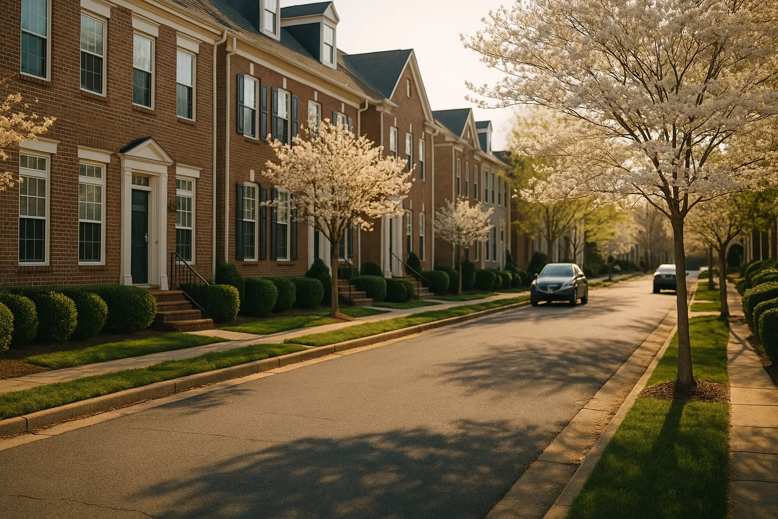 Tree-lined residential street with brick townhomes and white blossoming trees in a Dulles neighborhood