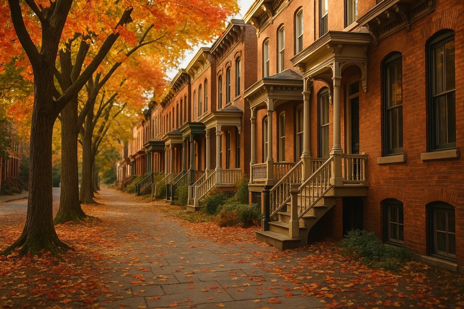 Historic brick row houses lining a leaf-covered sidewalk under vibrant autumn maple trees in Harrisonburg.