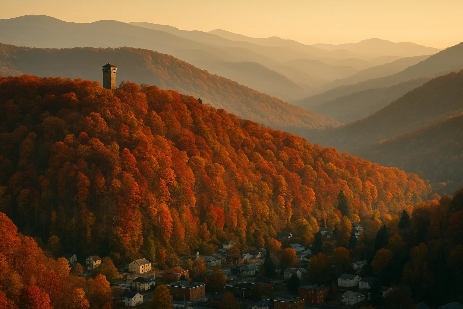 Autumn foliage blankets mountains overlooking a small Norton town with a stone tower at golden hour.
