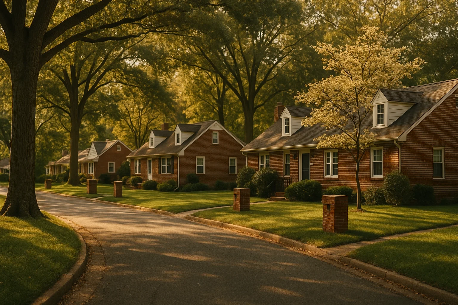 Tree-lined street with brick Cape Cod homes and brick mailboxes in a quiet Groveton neighborhood at golden hour