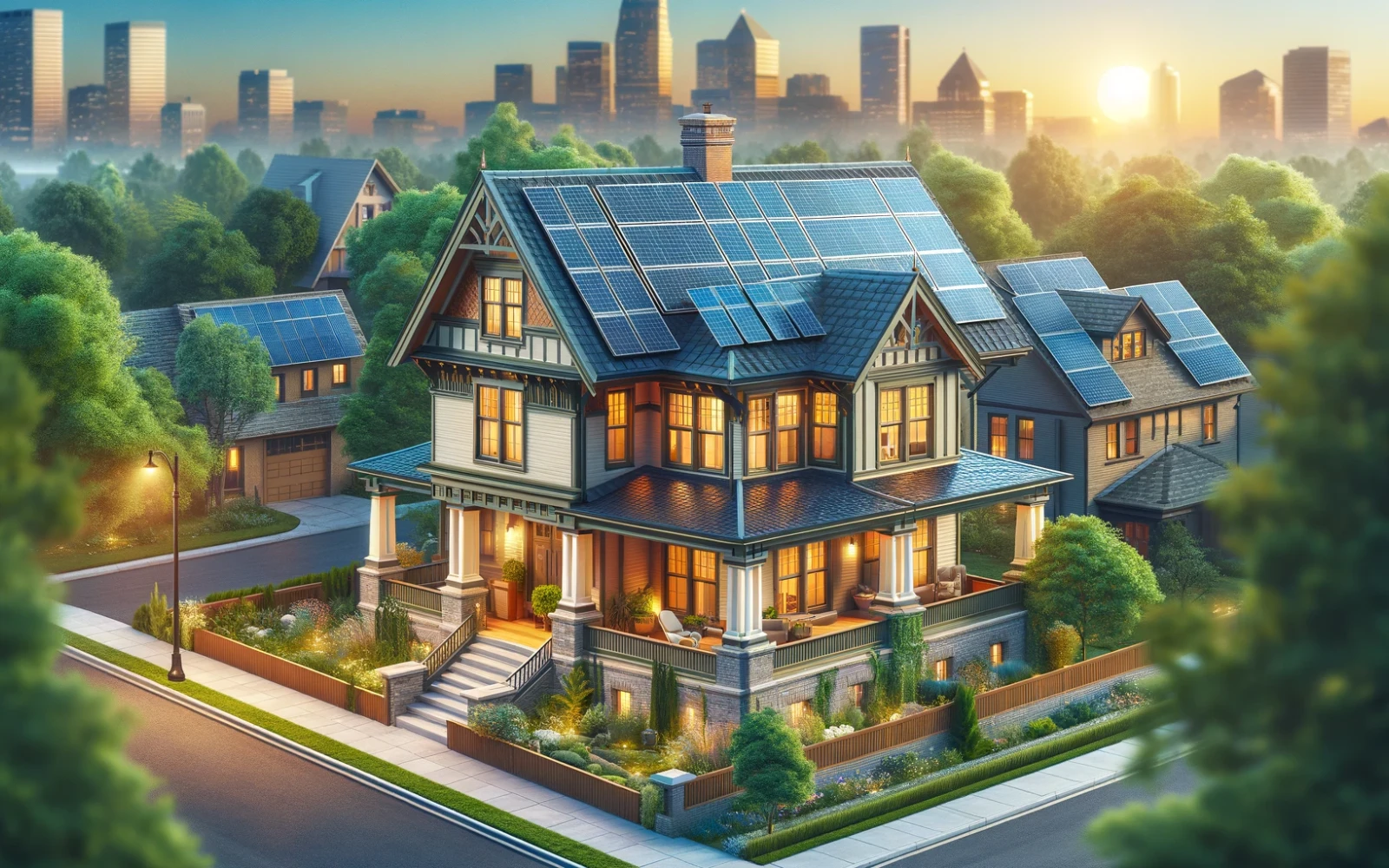 Solar panels on roof of beautiful home illustrating roofing trends for 2026 and beyond.