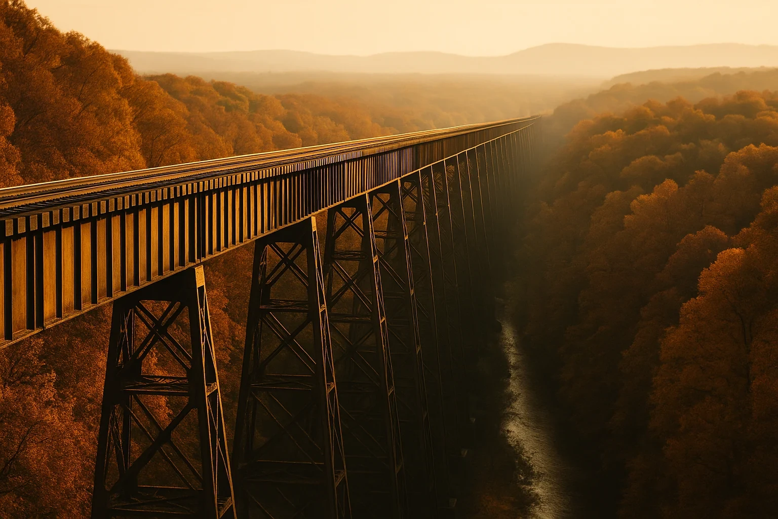 High Bridge Trail railroad trestle spanning a wooded river valley at sunset near Farmville