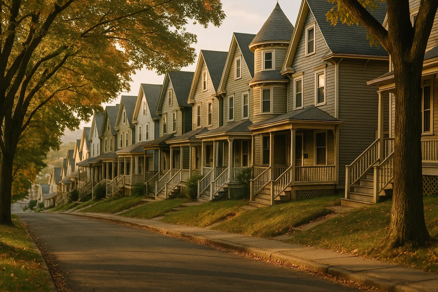 Row of Victorian homes with porches lining a tree-shaded residential street in Ansonia at golden hour