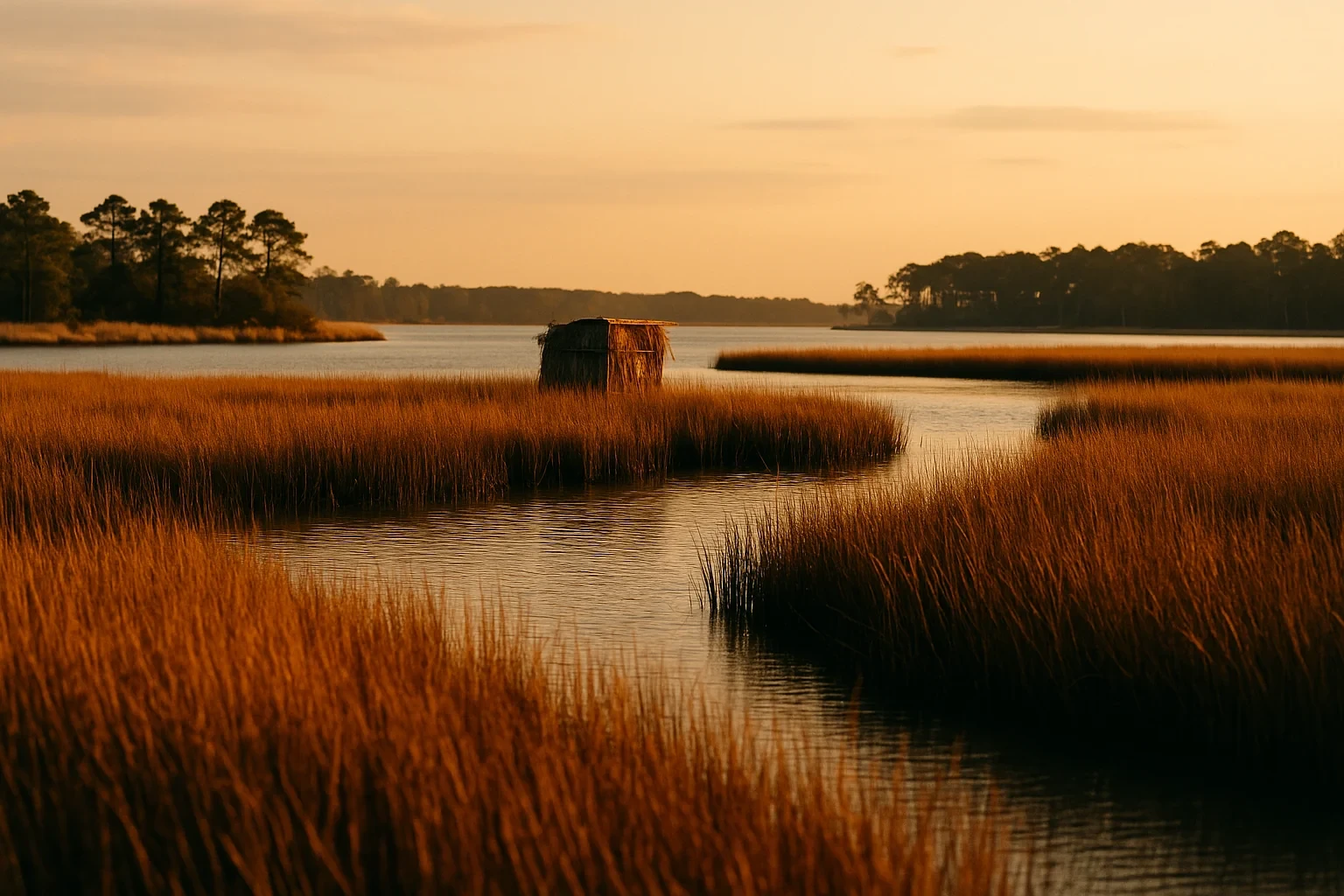 Golden sunset over tidal marsh grasses and a weathered duck blind on calm waters near Tabb