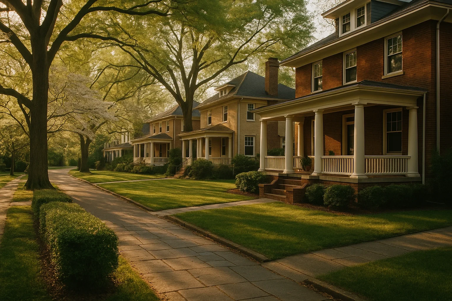 Tree-lined street with historic brick homes and welcoming front porches in a Southern Gateway neighborhood at golden hour