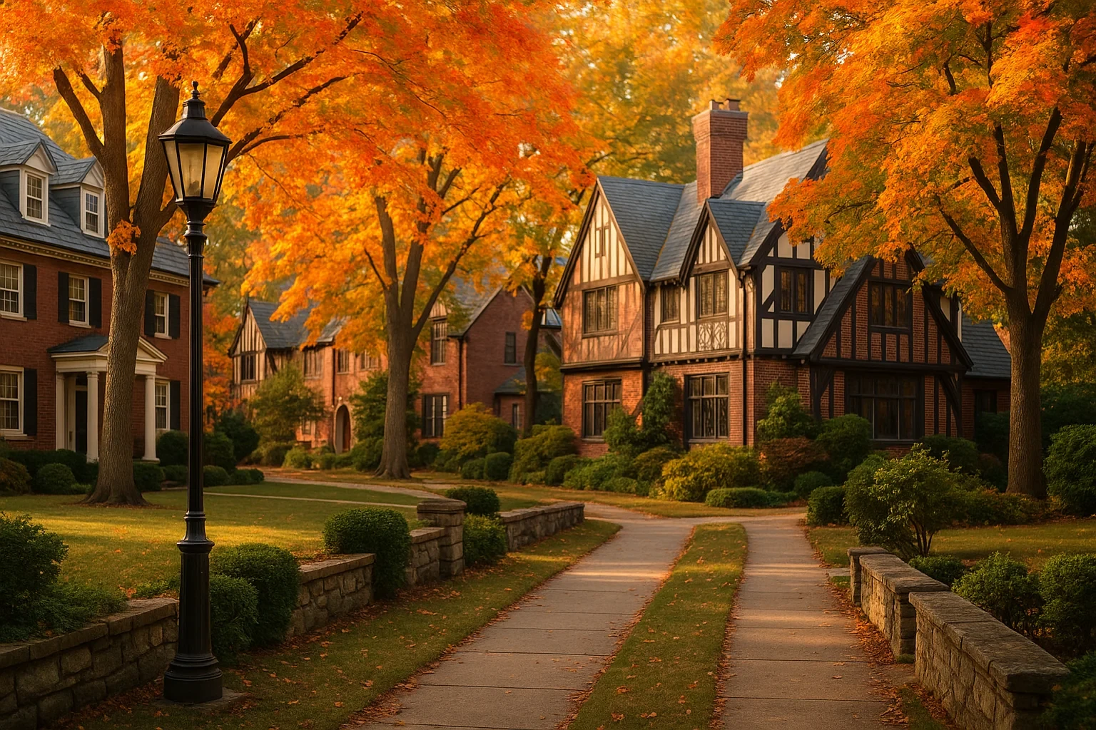 Tudor and brick homes lined by vibrant autumn trees and a lamppost along a Hartford neighborhood walkway
