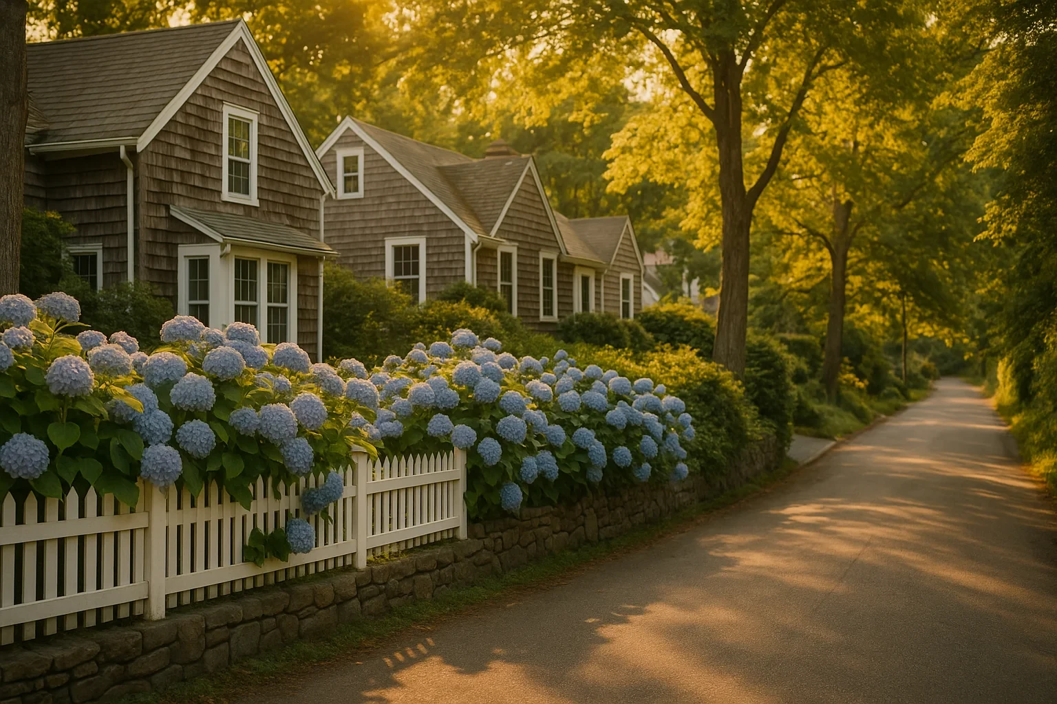 Cedar-shingled cottages with white picket fence and blue hydrangeas line a sunlit Norwalk street.