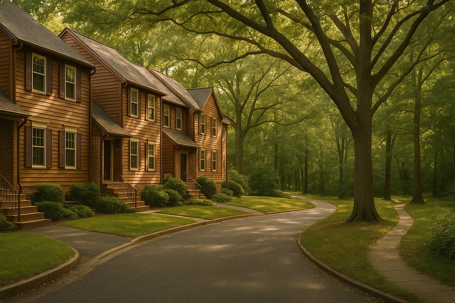 Tree-lined residential street with brown wood-sided two-story homes in a wooded Burke Centre neighborhood