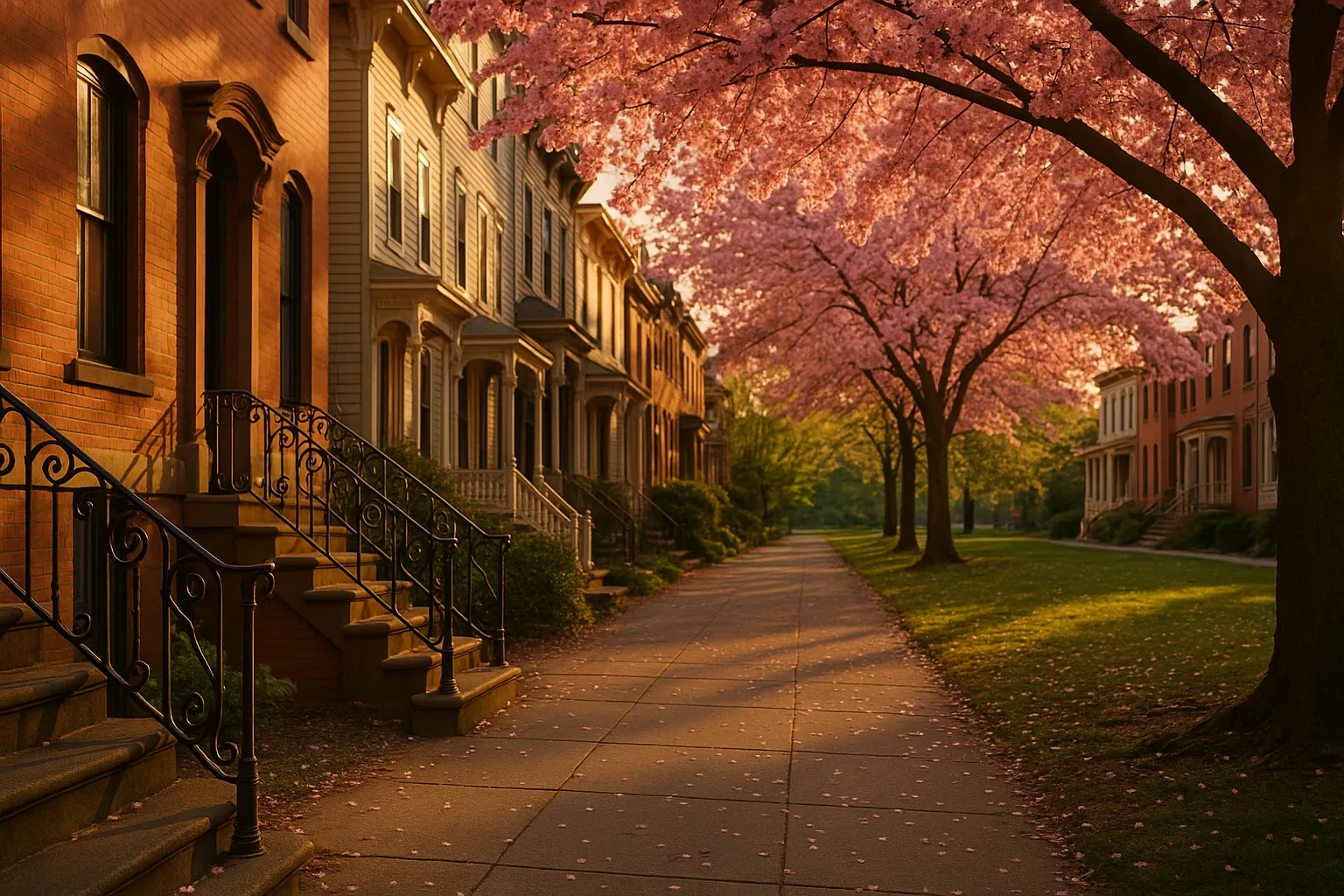 Cherry blossom trees lining a sidewalk beside historic row houses with wrought iron railings in New Haven