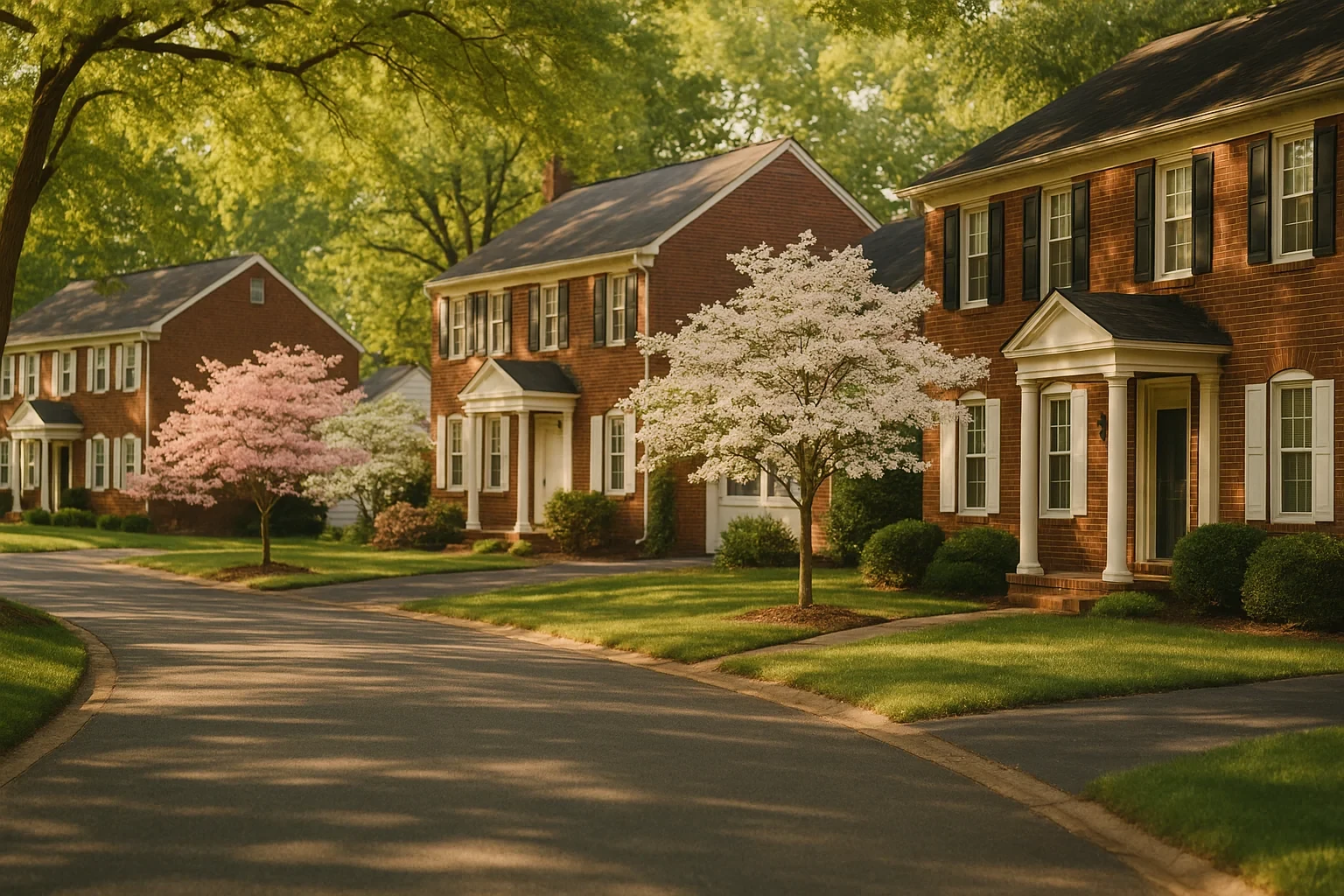 Tree-lined street of brick colonial homes with blooming dogwoods in a quiet Centreville neighborhood