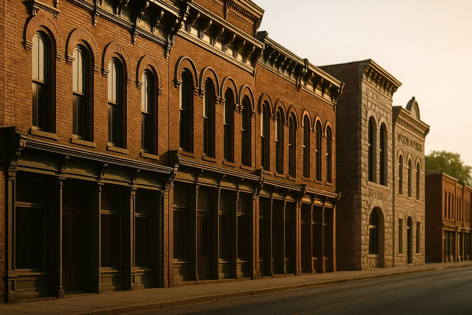 Historic brick storefronts with arched windows line a quiet downtown street in Wytheville at golden hour.