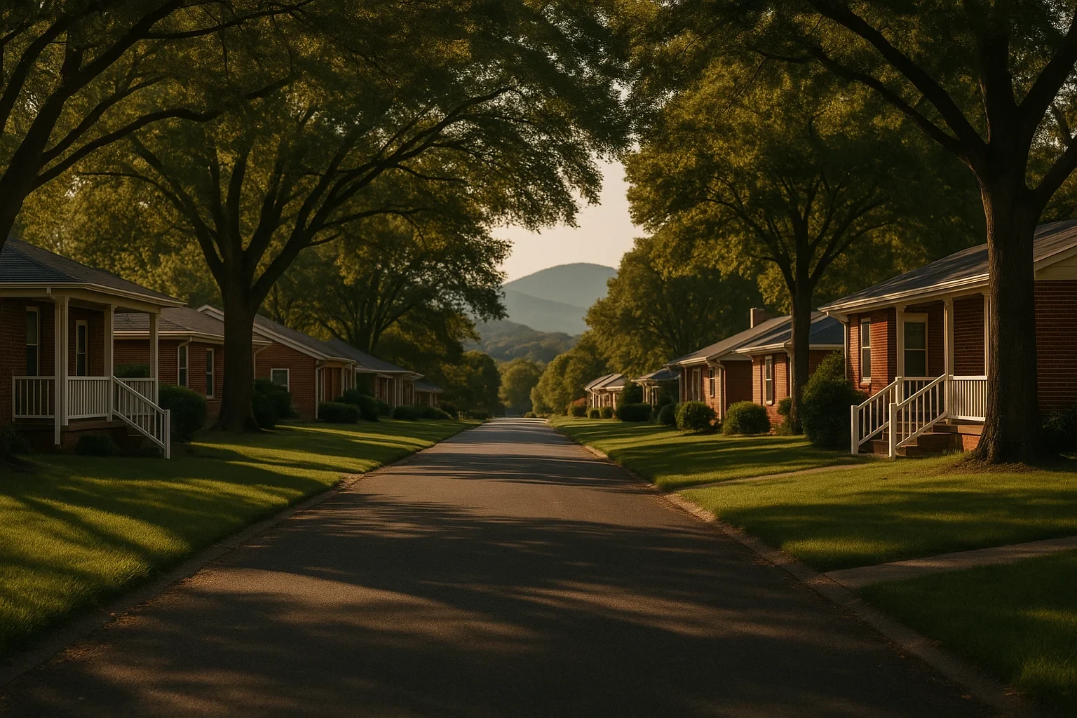 Tree-lined street with brick homes and mountain views in a quiet Fishersville neighborhood at golden hour