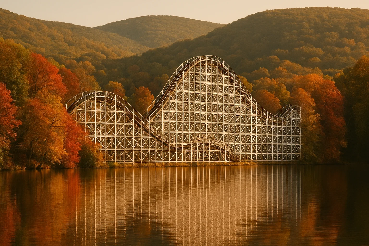 Wooden roller coaster reflected in a calm lake surrounded by autumn foliage and rolling hills near Bristol