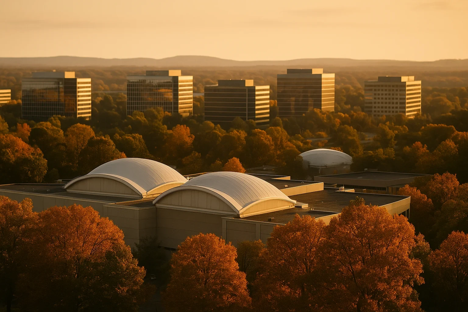 Aerial view of Fair Oaks office buildings and dome-roofed structures surrounded by autumn trees at sunset