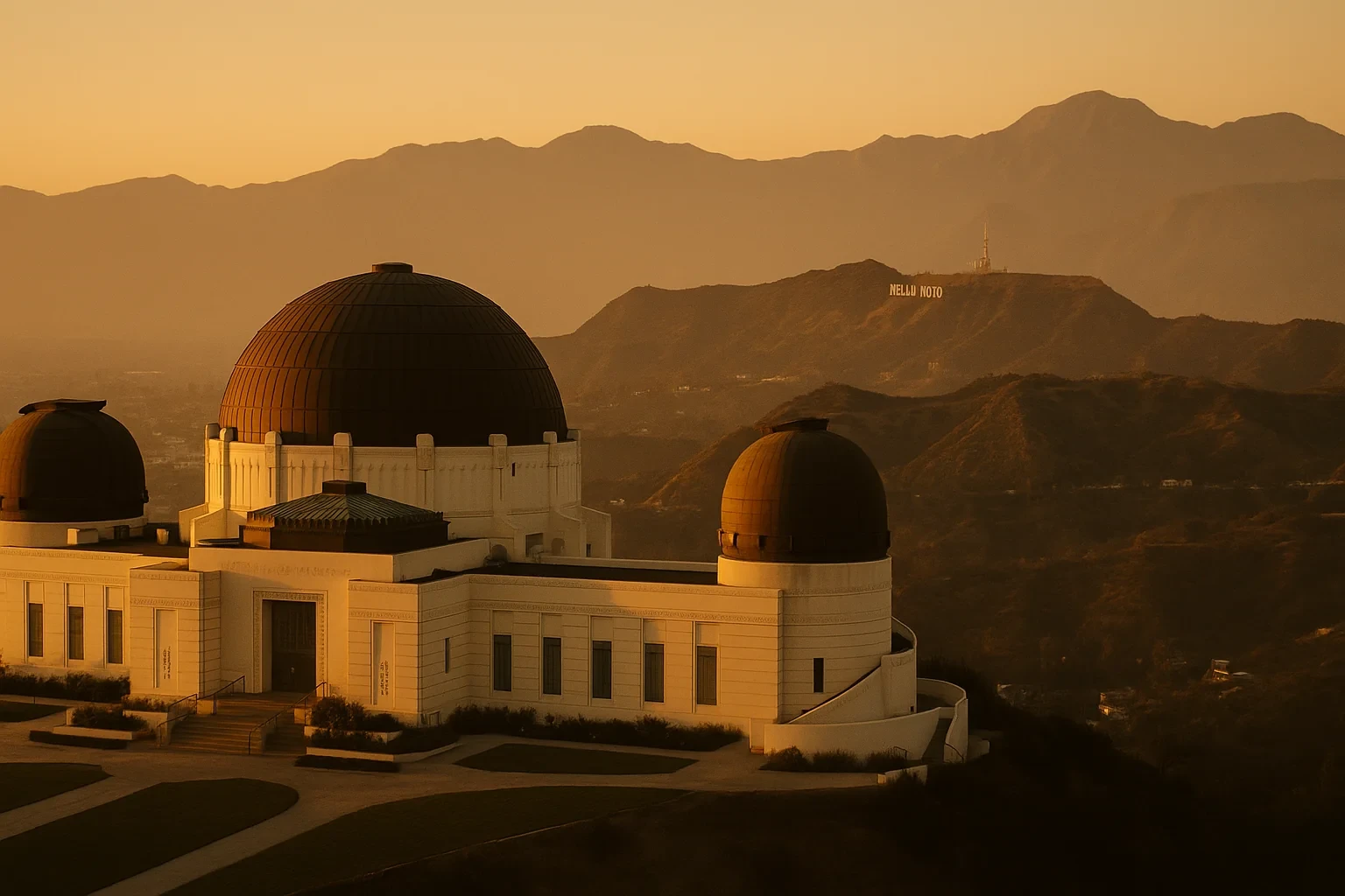 Griffith Observatory domes overlooking Los Angeles hills and Hollywood sign at golden hour sunset