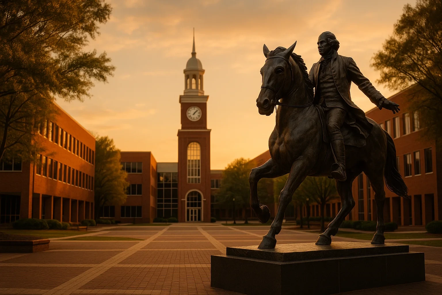 Bronze equestrian statue overlooking a brick clock tower and campus buildings at sunset in George Mason