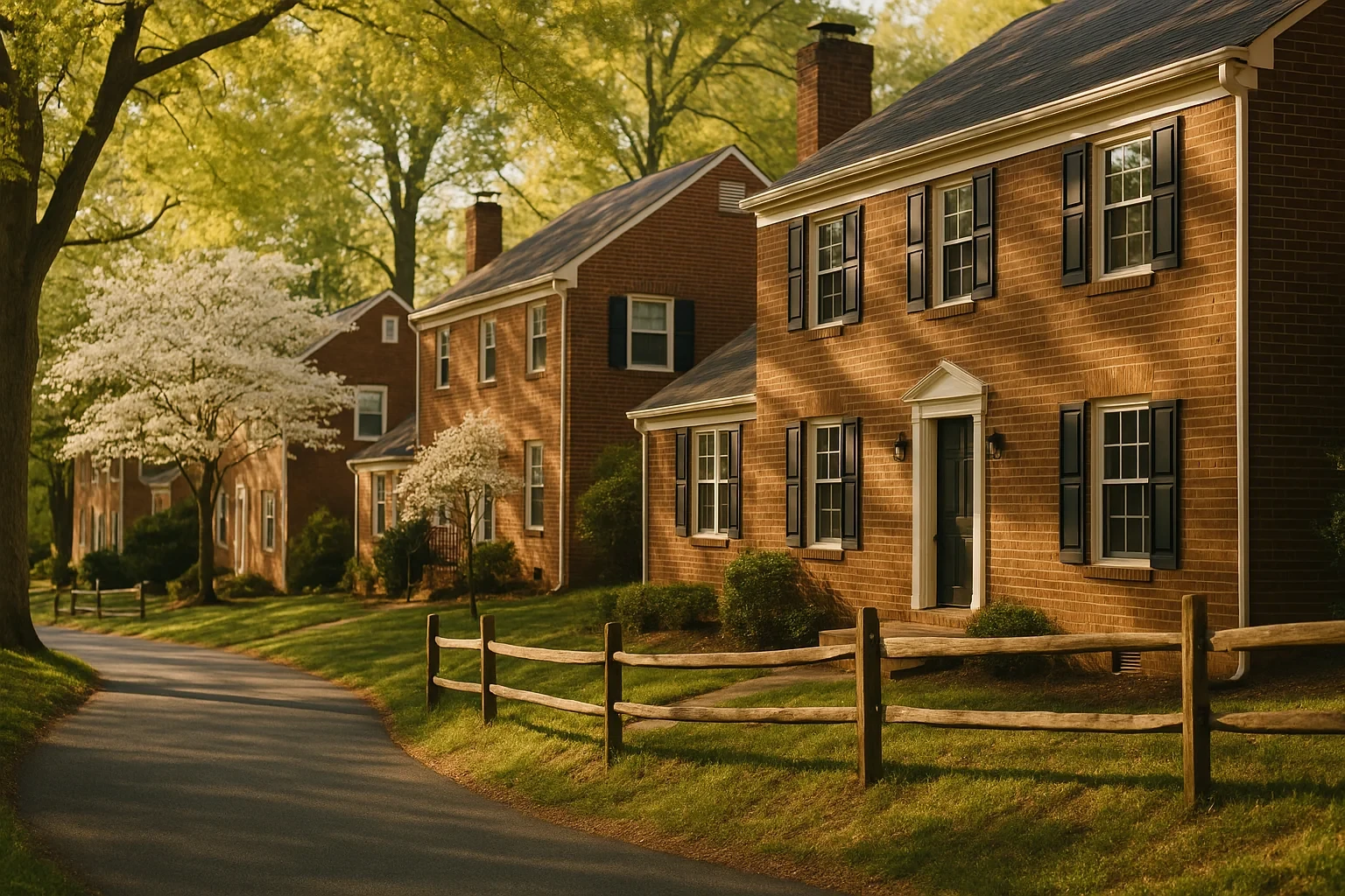 Charming brick colonial homes with black shutters and dogwood trees lining a quiet Pantops neighborhood street.