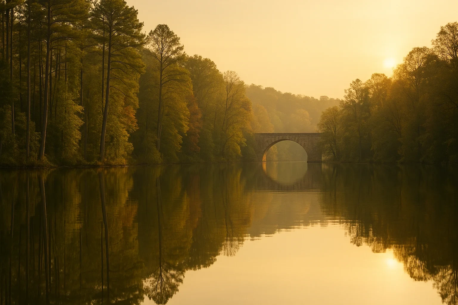 Stone arch bridge over calm river at golden sunset, reflecting forested hills near Meadowbrook.