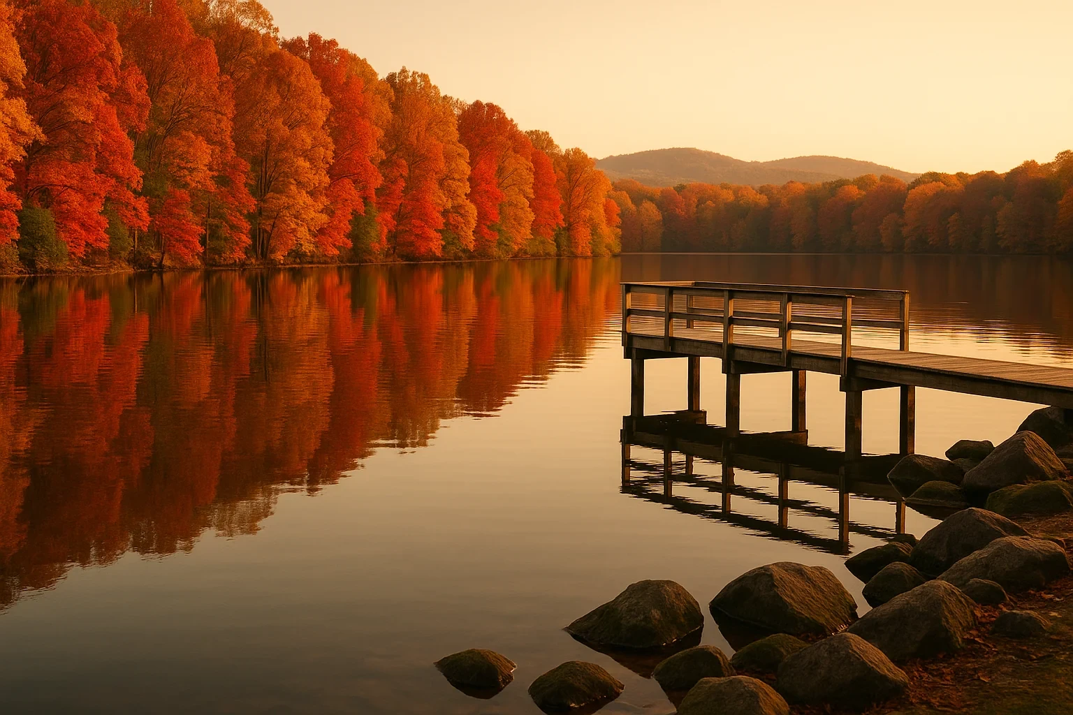 Wooden dock on a calm lake surrounded by vibrant autumn foliage and distant mountains in Burke