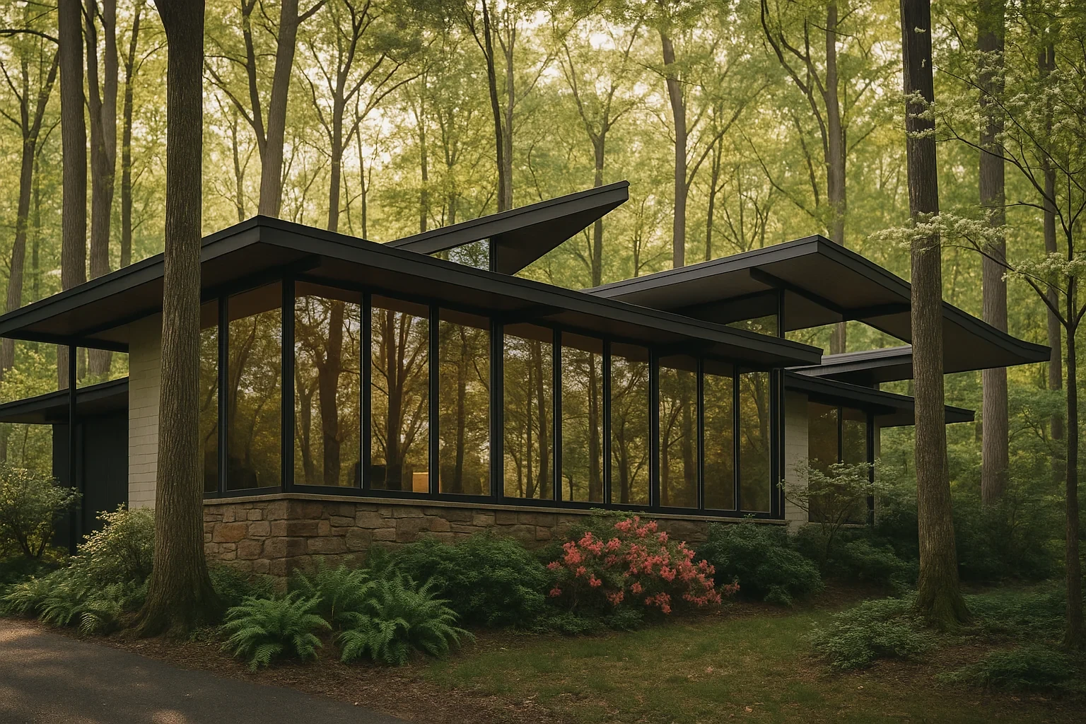 Mid-century modern home with floor-to-ceiling windows and stone base nestled in wooded Fort Hunt neighborhood